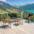 thumbnail image 1 of ModFusion 4-Piece Outdoor Indoor Boho Chic Patio Furniture Set Wicker Chairs with Glass Table & All-Weather Cushion, Black & Light Brown, 1 of 9