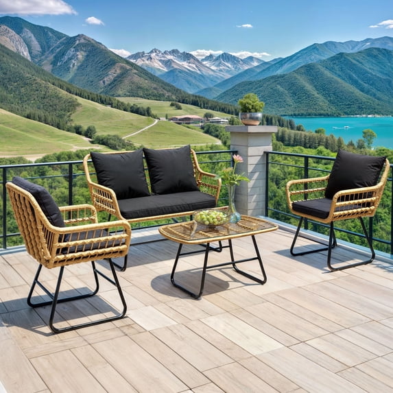 ModFusion 4-Piece Outdoor Indoor Boho Chic Patio Furniture Set Wicker Chairs with Glass Table & All-Weather Cushion, Black & Light Brown