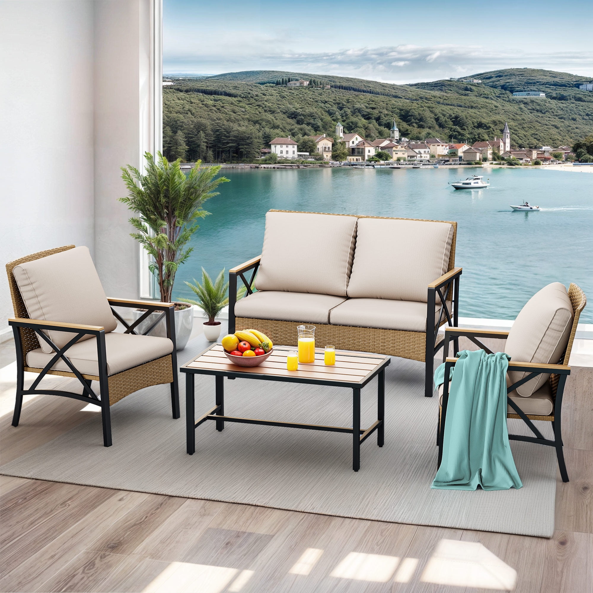 ModFusion 4-Piece Outdoor Indoor Patio Wicker Furniture Set, All-Weather Rattan Chair and Loveseat with Wood Armrests, Light Brown and Beige