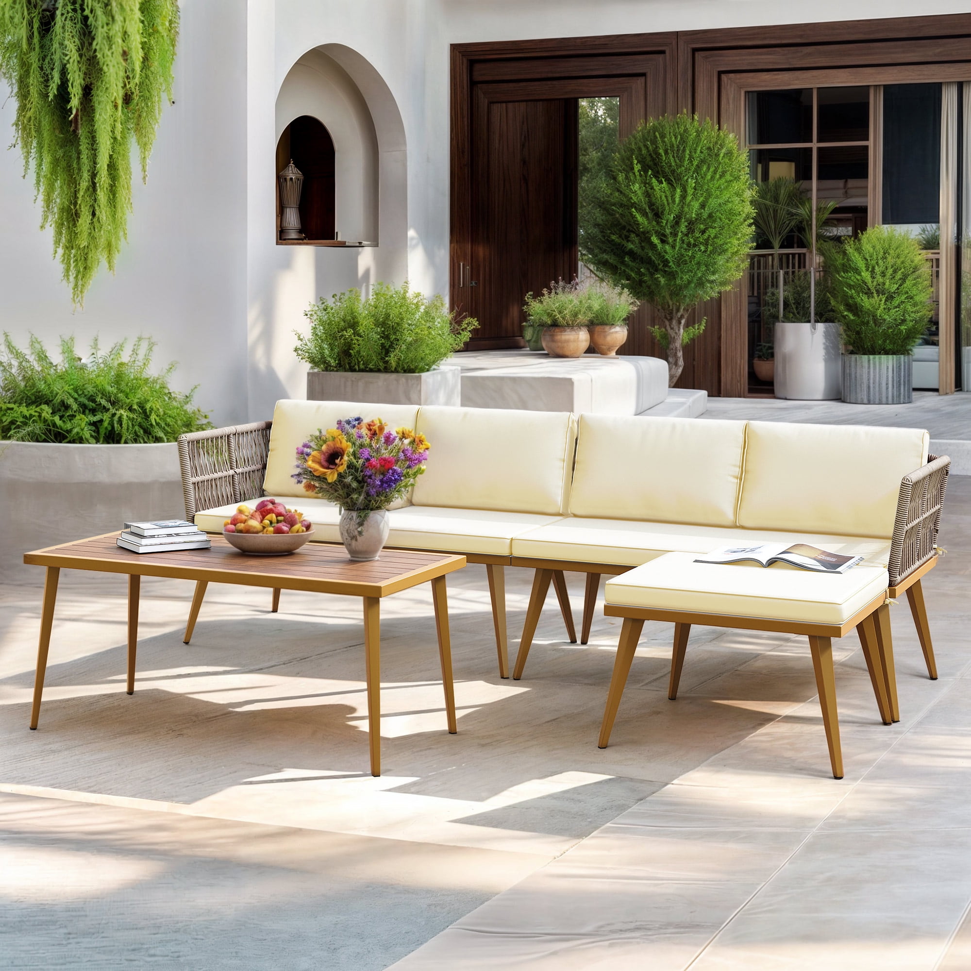 ModFusion 4-Piece Rattan Patio Furniture Set, Outdoor/Indoor Wicker L-Shaped Sofa 800lb Capacity with 5 Seats, Sectional Woven Conversation Sofa with Cushion and Side Table, Beige