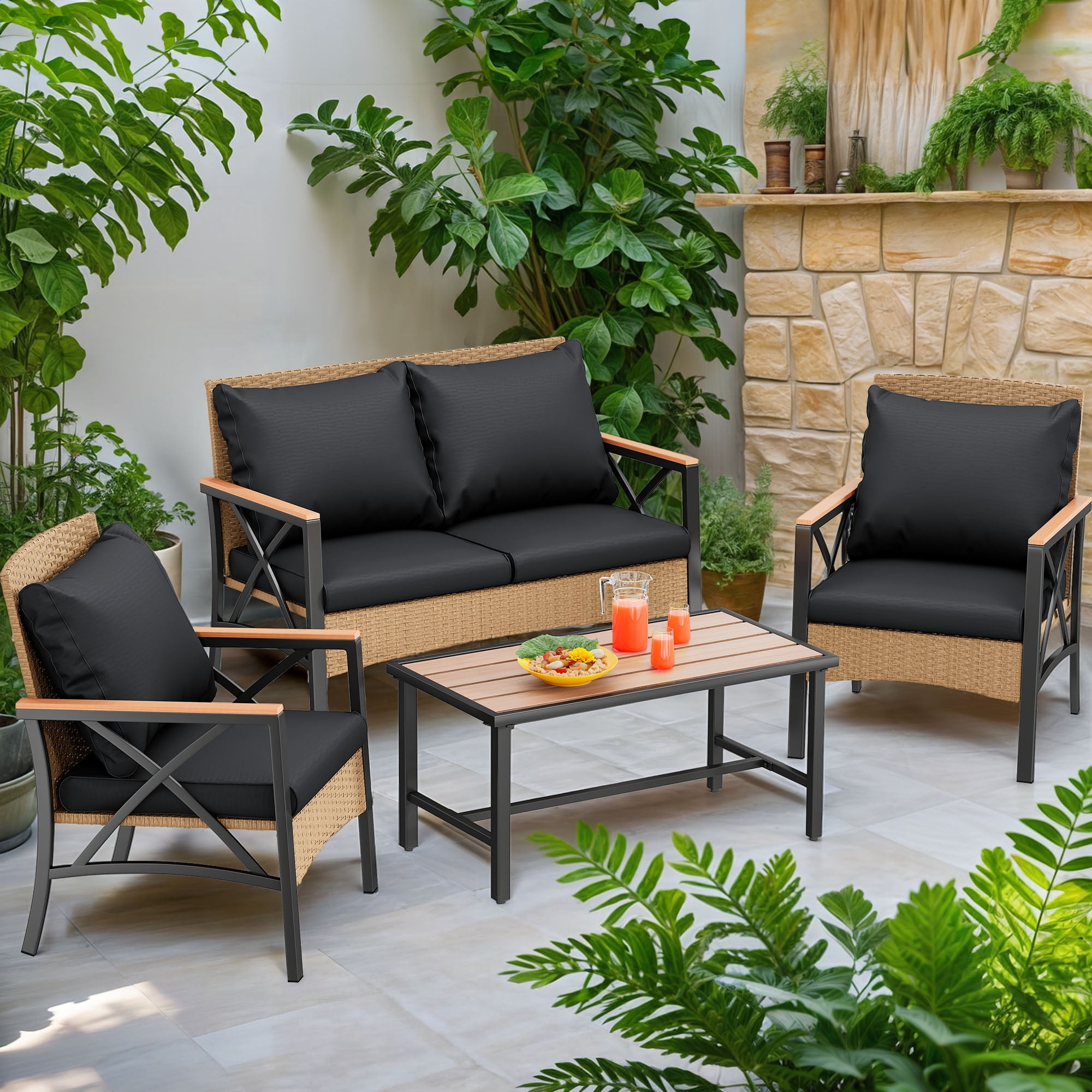 ModFusion 4Seat Patio Furniture Set 31.5"H with Wood Armrest and