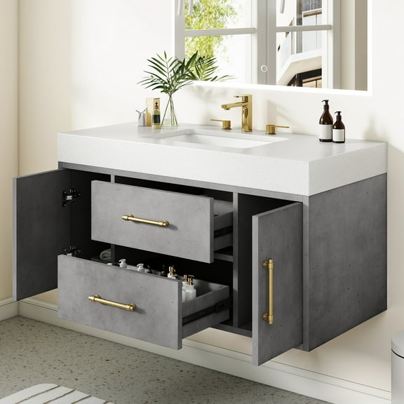 ModFusion 40-Inch Gray Bathroom Vanity with Quartz Stone Basin & Undermount Ceramic Sink, MDF & Particleboar Storage Cabinet