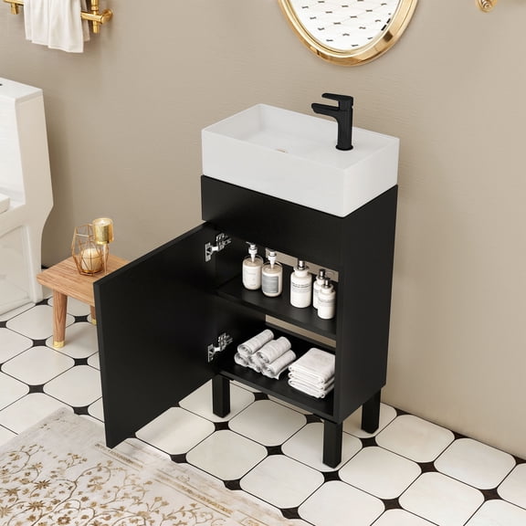 ModFusion 41" Black Bathroom Vanity Cabinet with Single Ceramic Basin & MDF Soft-Close Door Storage