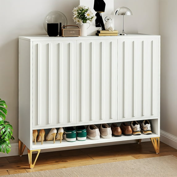 ModFusion 41" White Modern Shoe Storage Cabinet with Adjustable Shelves, Magnetic Door Lock, Gold Legs & Large Capacity