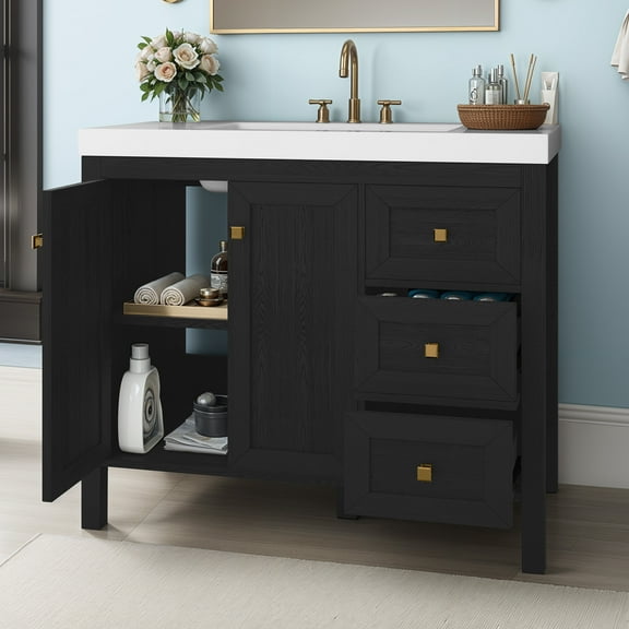 ModFusion 42" Black Bathroom Vanity with White Resin Basin, MDF Storage Cabinet with Drawer & Door, Drop-Test Certified