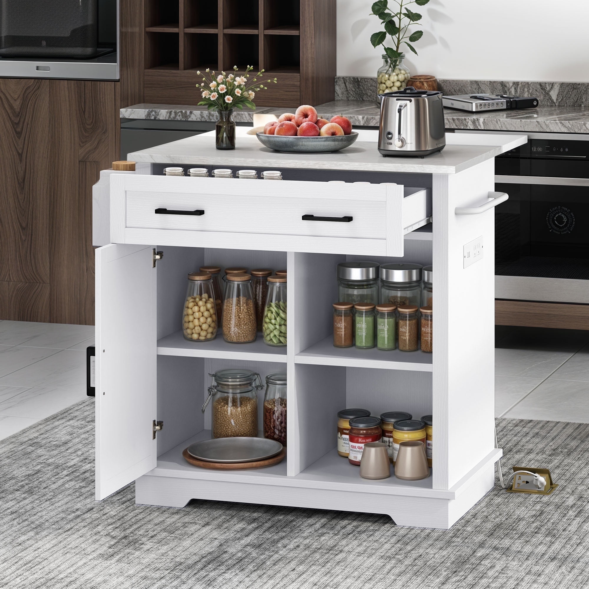 ModFusion 42" Rolling Kitchen Island with Stainless Steel Top, Adjustable Shelves, Side Shelf, Power Outlet (2 AC + 2 USB), Hooks