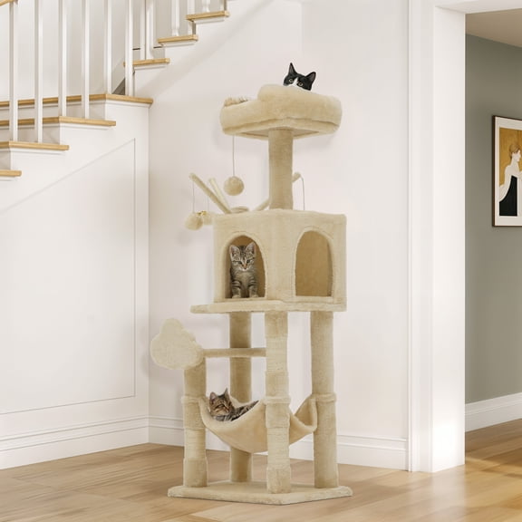 ModFusion 44-Inch Cat Tree Tower with Hammock, Condo, Scratching Posts & Toys, Multi-Level Indoor Cat Furniture in Beige