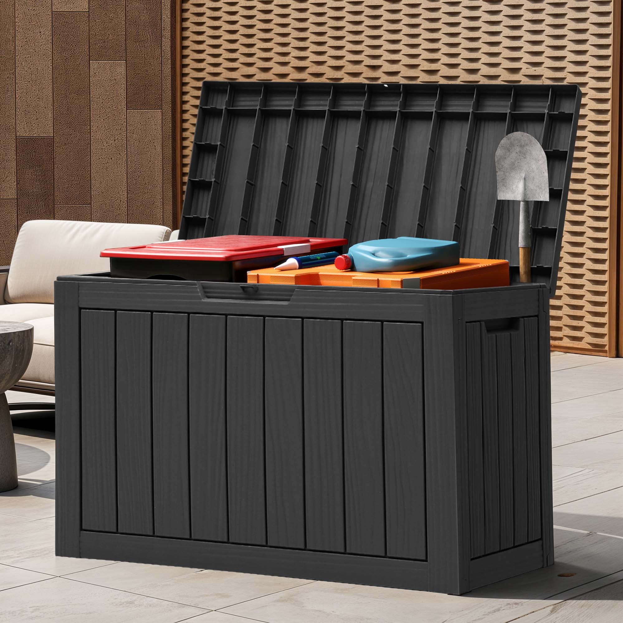 ModFusion 45-Gallon Lockable Outdoor Storage Box, Weather-Resistant Black Resin, Patio, Garden \u0026 Pool Deck Storage