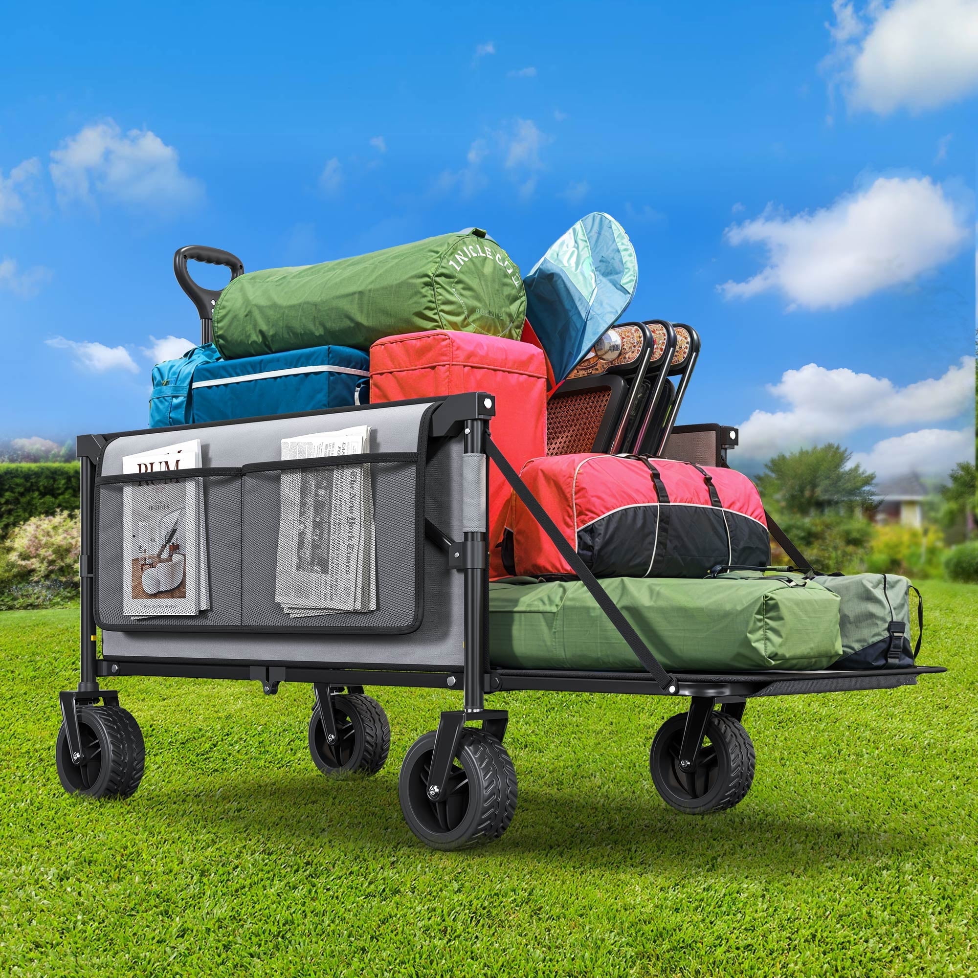 ModFusion 45" Heavy-Duty Folding Utility Cart with Swivel All-Terrain Wheels, Foldable Tailgate, Compact and Portable for Shopping, Sports, Camping, Beach