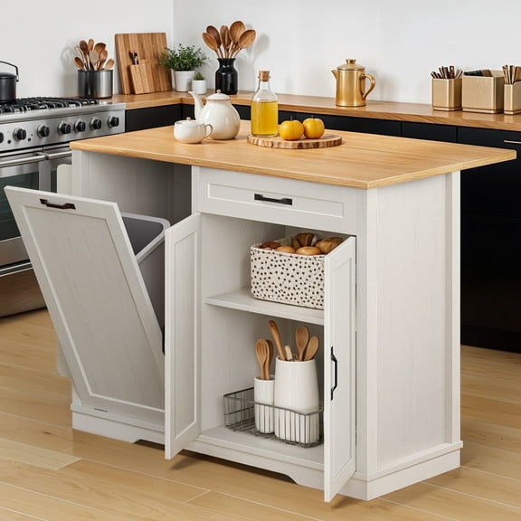 ModFusion 45 Inch Kitchen Island Cart with Drop Leaf & Trash Bin Storage – Includes Drawer, Adjustable Shelf & Locking Casters