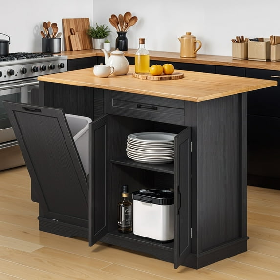 ModFusion 45" Kitchen Island Cart with Drop Leaf, Trash Bin & Adjustable Shelf – Locking Casters & Drawer Storage