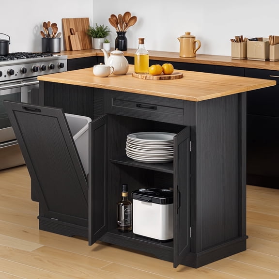 ModFusion 45" Kitchen Island Cart with Drop Leaf, Trash Bin & Adjustable Shelf – Locking Casters & Drawer Storage