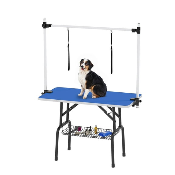 ModFusion 46" Pet Grooming Table with Adjustable Height, No-Sit Loop Nooses, Home Pet Bathing Station, Foldable Dog and Cat Drying Table, Non-Slip Blue Mat