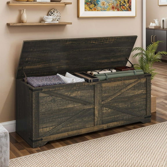 ModFusion 47.2" Farmhouse Storage Chest with Dual Safety Hinges, Wooden Storage Bench for Entryway or Living Room, Black Oak