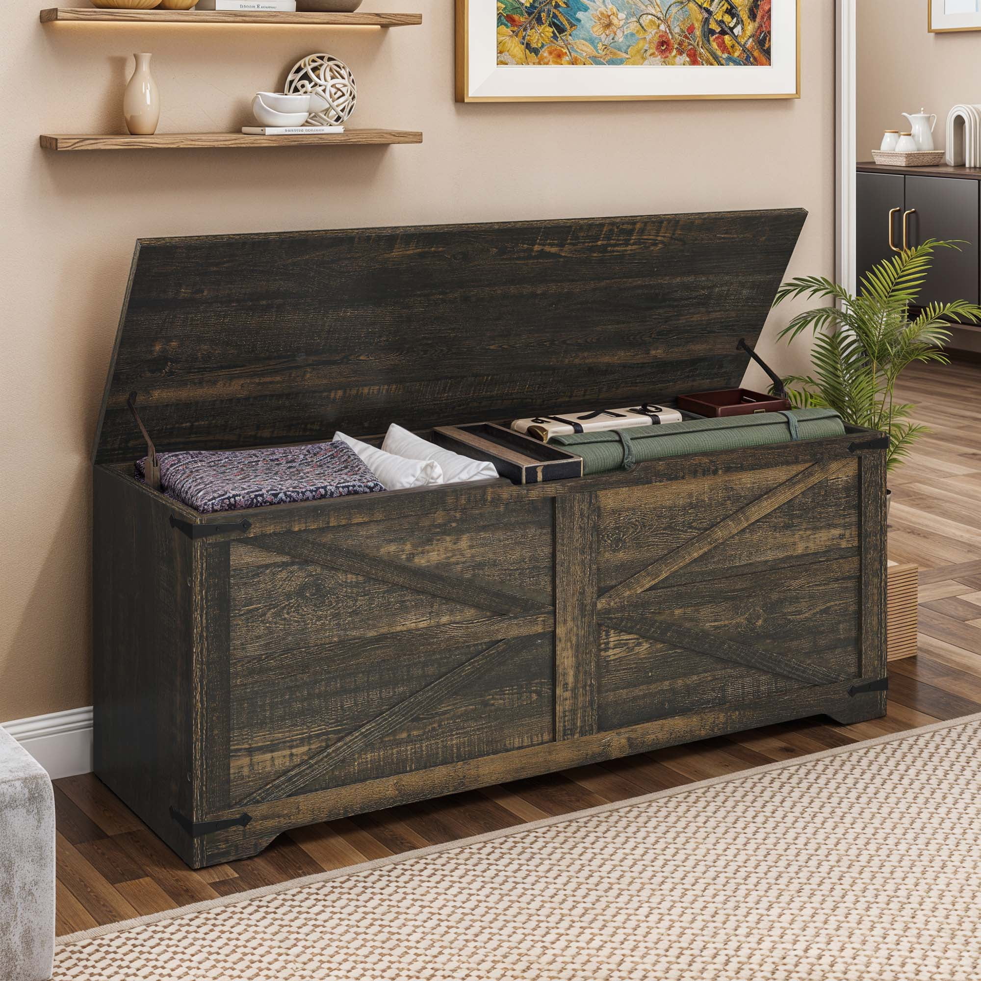 ModFusion 47 2 Farmhouse Storage Chest With Dual Safety Hinges Wooden ModFusion 47 2 Farmhouse Storage Chest With Dual Safety Hinges Wooden