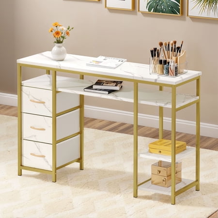 ModFusion 47.2" Modern Nail Manicure Table with Storage, Drawers & Shelves, Marbling Texture, White and Gold