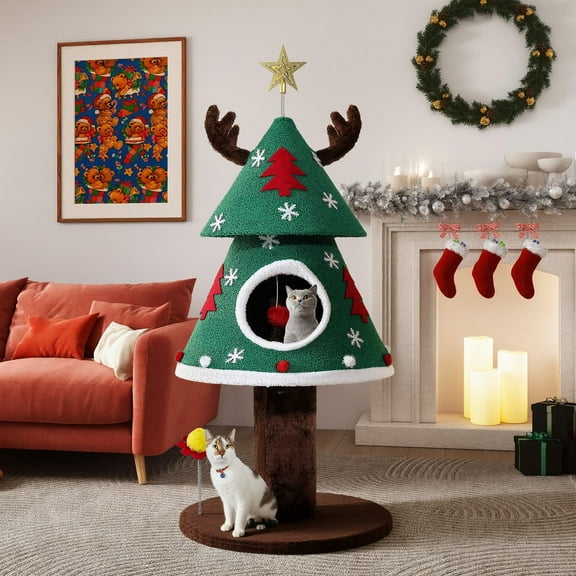 ModFusion 47" Christmas Cat Tree Tower with Hideaway Condo, Spring Teaser Toys & Anti-Tip Safety Strap