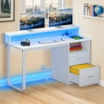 thumbnail image 1 of ModFusion 47" Home Office Computer Desk for Small Space with LED Lights, Power Outlets, Storage Drawers & Monitor Stand, White, 1 of 10