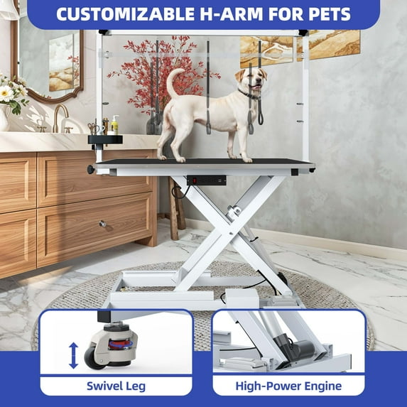 ModFusion 47 Inch Folding Dog Grooming Table with AC Outlet, Tool Storage, Casters, Arm, 3 Loops Adjustable Feet, 1.1 ft-3.2 ft Portable Pet Bathing Stand, White Metal Steel, Black Mat