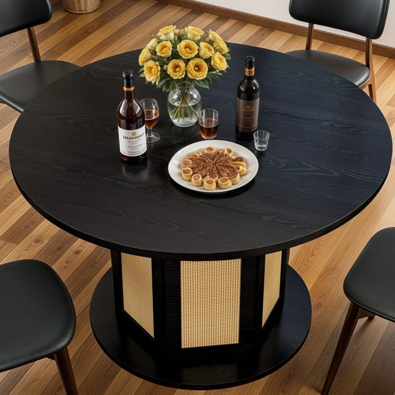 ModFusion 47 Inch Round Dining Table, Reinforced Frame, Wood Rattan Wicker, 4 to 6 Seats, Farmhouse Pantry, Black and Brown