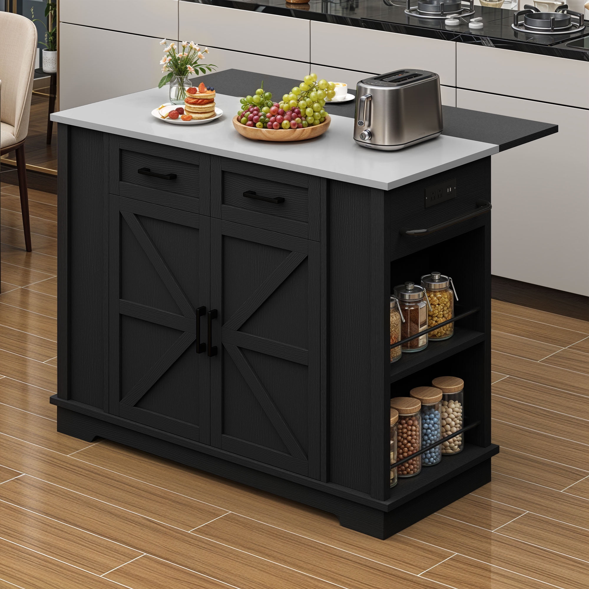 ModFusion 47" Rolling Kitchen Island with Metal Top, Adjustable Shelves, Double Doors & Built-in Power Outlet (2 AC + 2 USB)