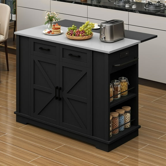 ModFusion 47" Rolling Kitchen Island with Metal Top, Adjustable Shelves, Double Doors & Built-in Power Outlet (2 AC + 2 USB)