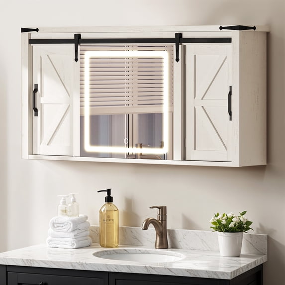 ModFusion 47" Medicine Cabinet with LED Lights Mirror, Bathroom Wall Storage with Doors and Adjustable Shelf Freestanding, White