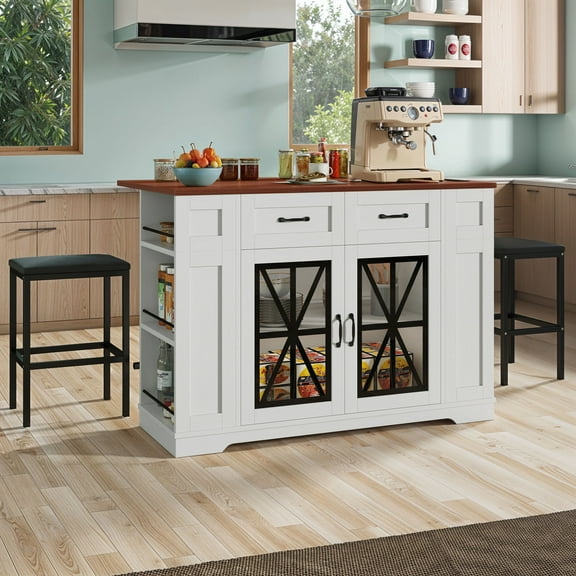 ModFusion 47" Movable Kitchen Island Cart – Power Outlet, Drop Leaf, Storage Shelves, Guard Rails & 2 Bar Stools