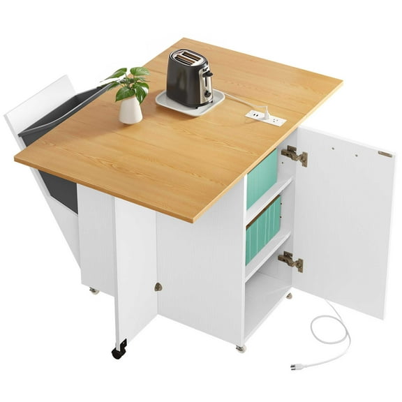 ModFusion 47" Mobile Kitchen Island Cart with Drop Leaf Power Outlet Trash Cabinet Storage Shelves
