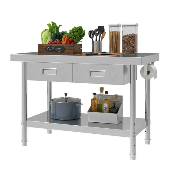 ModFusion 48" x 24" Stainless Steel Prep Table, 2 Storage Drawers, Paper Towel Rack, Utility Shelf, NSF-Certified Commercial Workstation