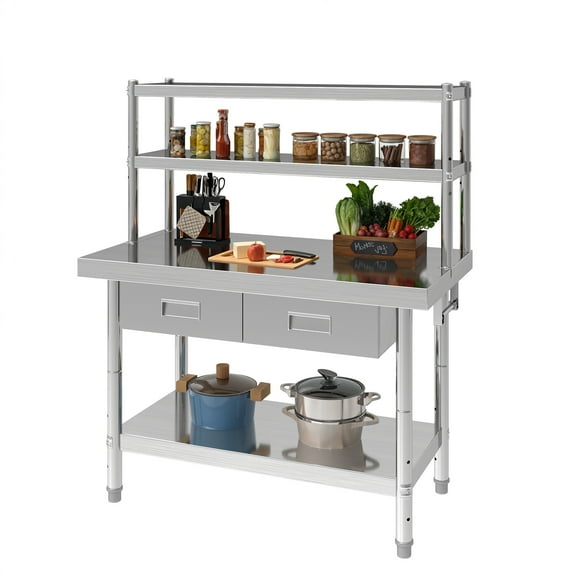 ModFusion 48"x24" Stainless Steel Prep Table with Overshelves, 2 Drawers, Adjustable Feet, Industrial Metal Workbench for Restaurant Garage Warehouse