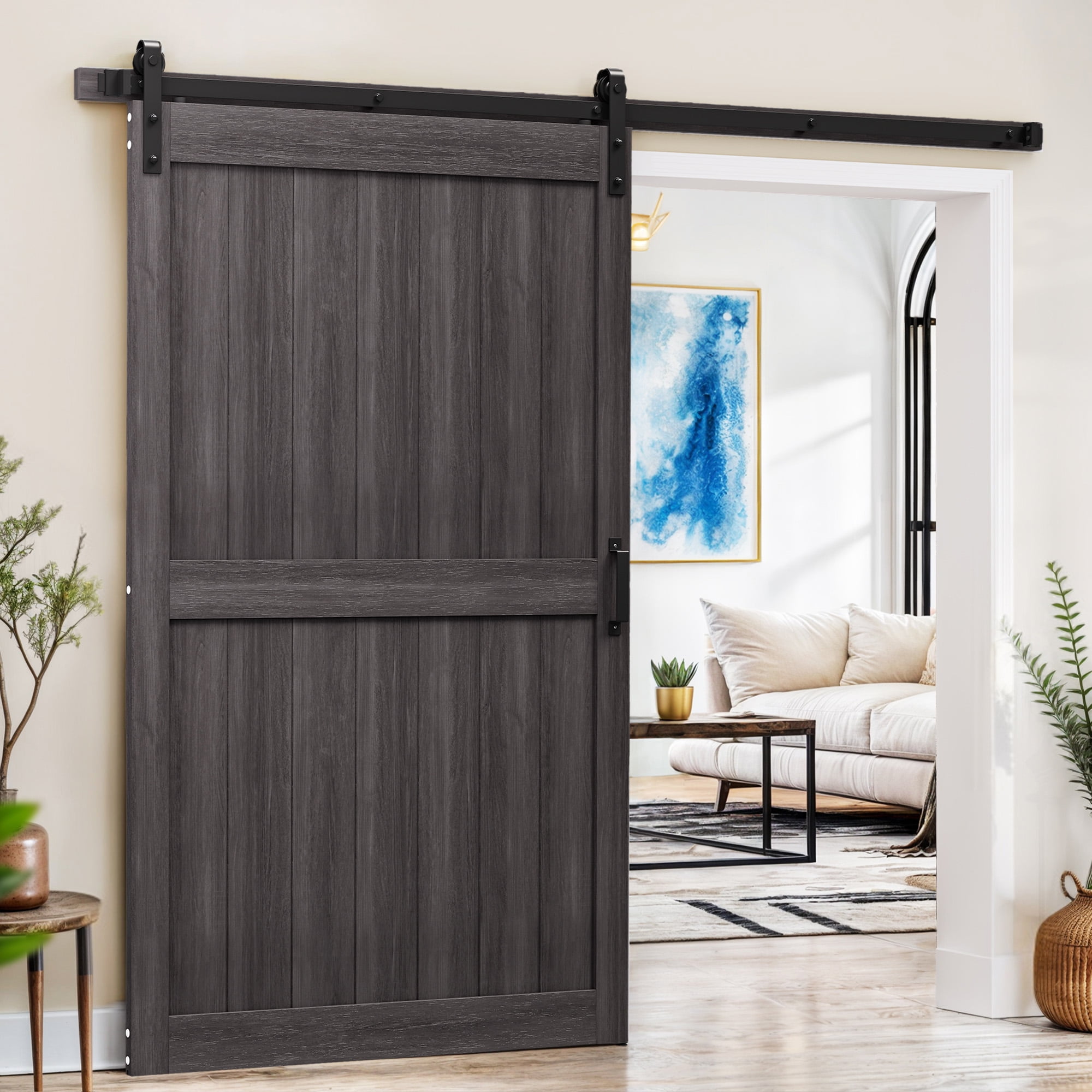 ModFusion 48" x 84" Barn Door with Track & Rollers, Solid Core Single Sliding Door with Installation Handle & Hardware Kit, Composite MDF Construction, Gray