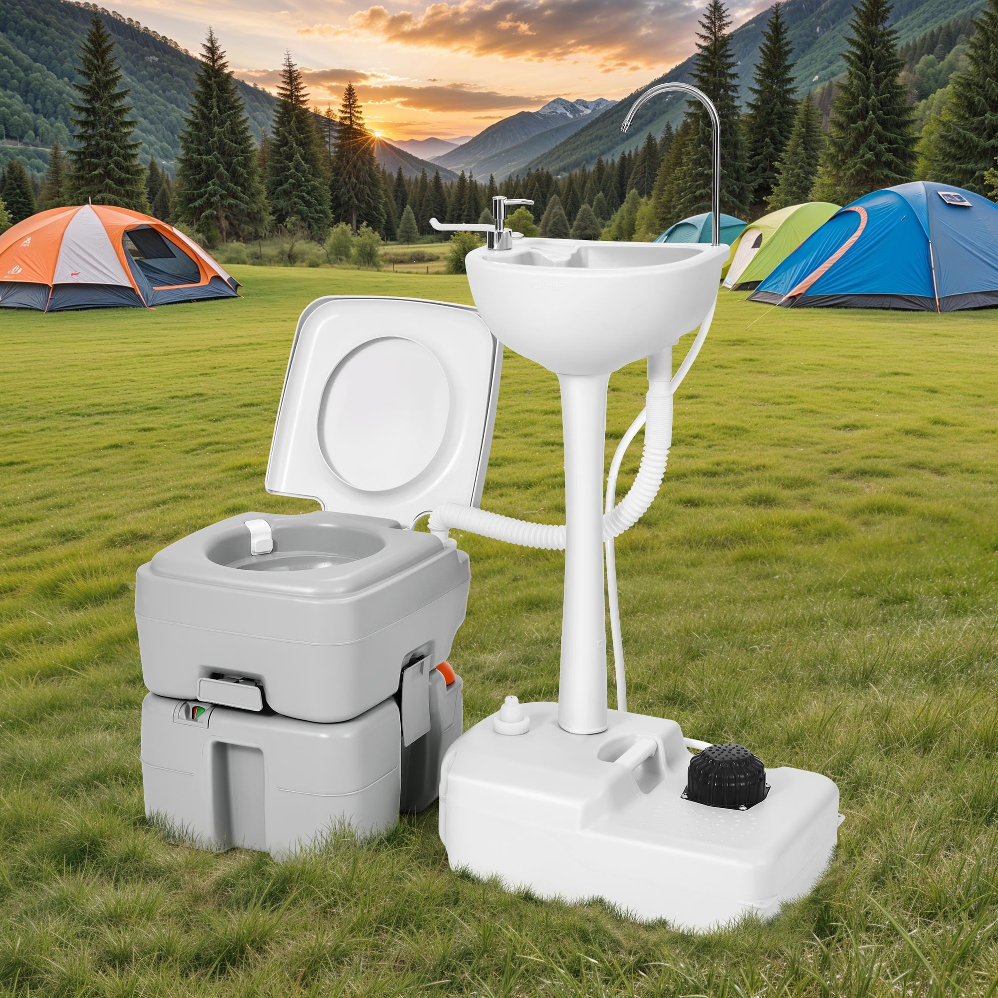 ModFusion Portable Toilet 5.28 Gallon with 17L Sink, T Type Water Outlet, for RV, Camping, Travel, Worksite