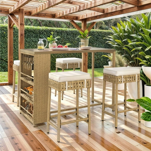 ModFusion 5-Piece Outdoor Indoor Chic Rattan Wicker Bar Set, Patio Dining Furniture with Cup Rack, High Table and 4 Bar Stools and Soft Cushions, Beige & White
