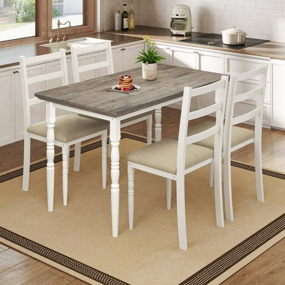 ModFusion 5-Piece Rectangular Dining Table Set with Heat-Resistant Tabletop, 4 Chairs, Roman Classic Kitchen, Leather Seat, Heavy-Duty Cafeteria Dinette Set, Gray Oak and White