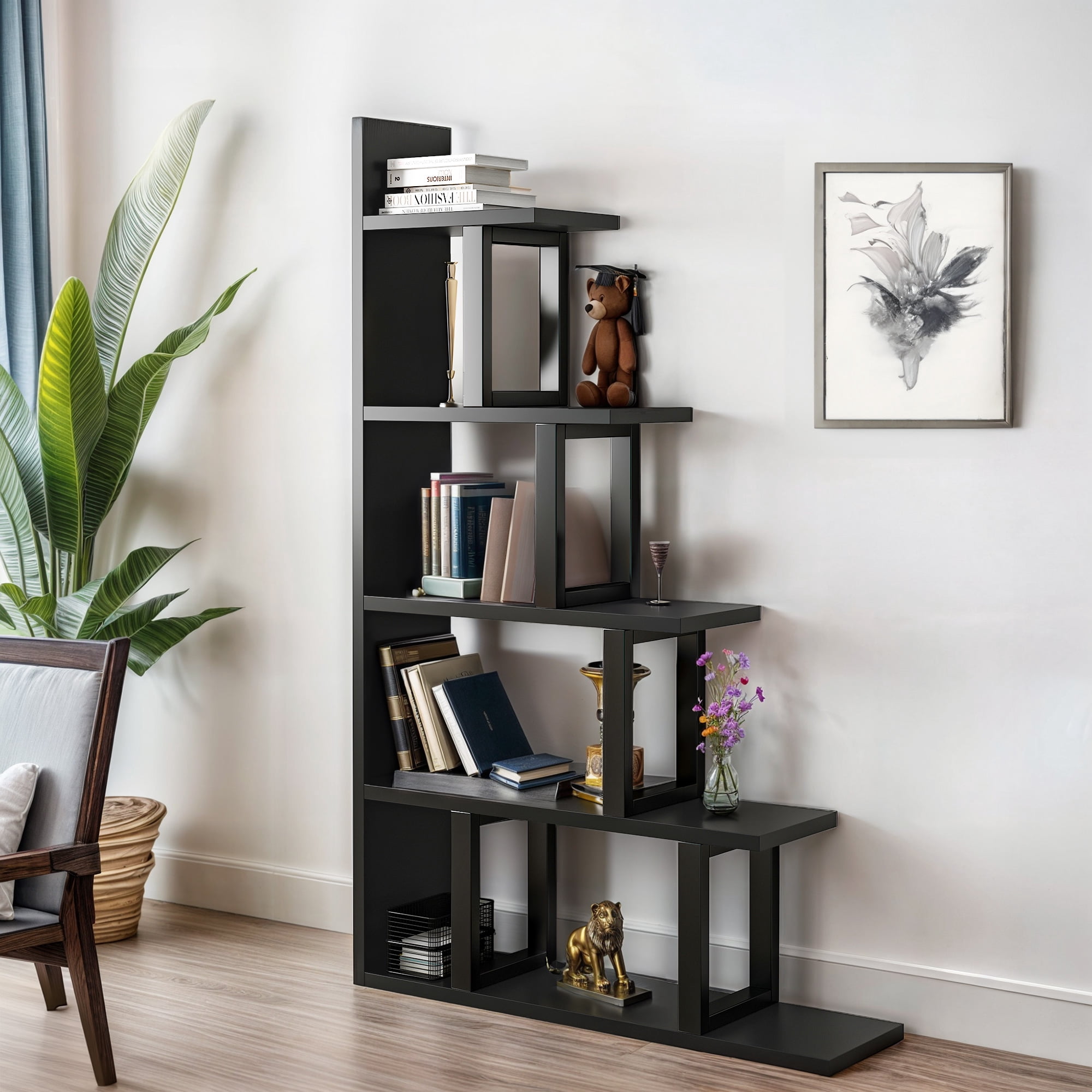 ModFusion 5 Shelf Wooden L-Shape Bookshelf Bookcase Storage Display ...