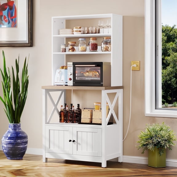 ModFusion 5-Tier Bakers Rack with Storage Cabinet, Microwave Stand, Coffee Station & Built-in Power Outlet, White Wood Finish