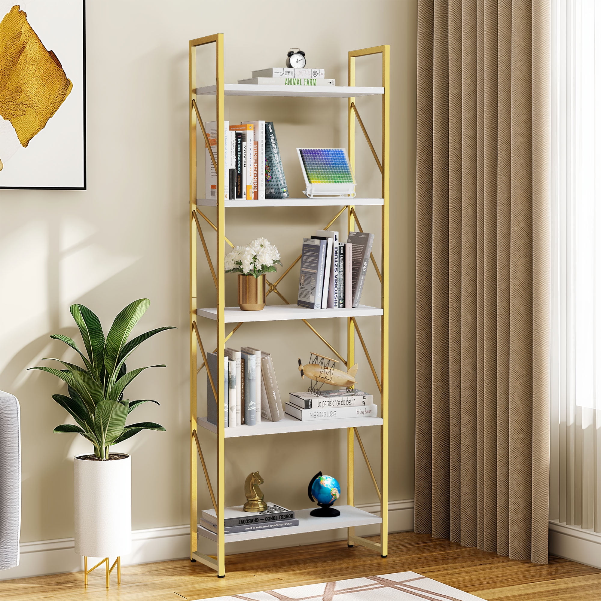 ModFusion 5-Tier Bookcase Golden Bookshelf Modern Steel Display ...