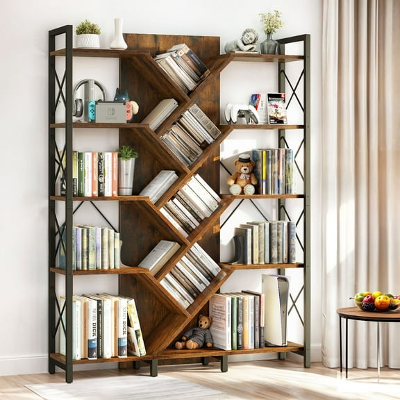 ModFusion 5 Tier Bookcase and Bookshelf, 70.8" Tall Standing Tree Bookshelf Organizer Display for Living Room, Bedroom, Home, Rustic Brown