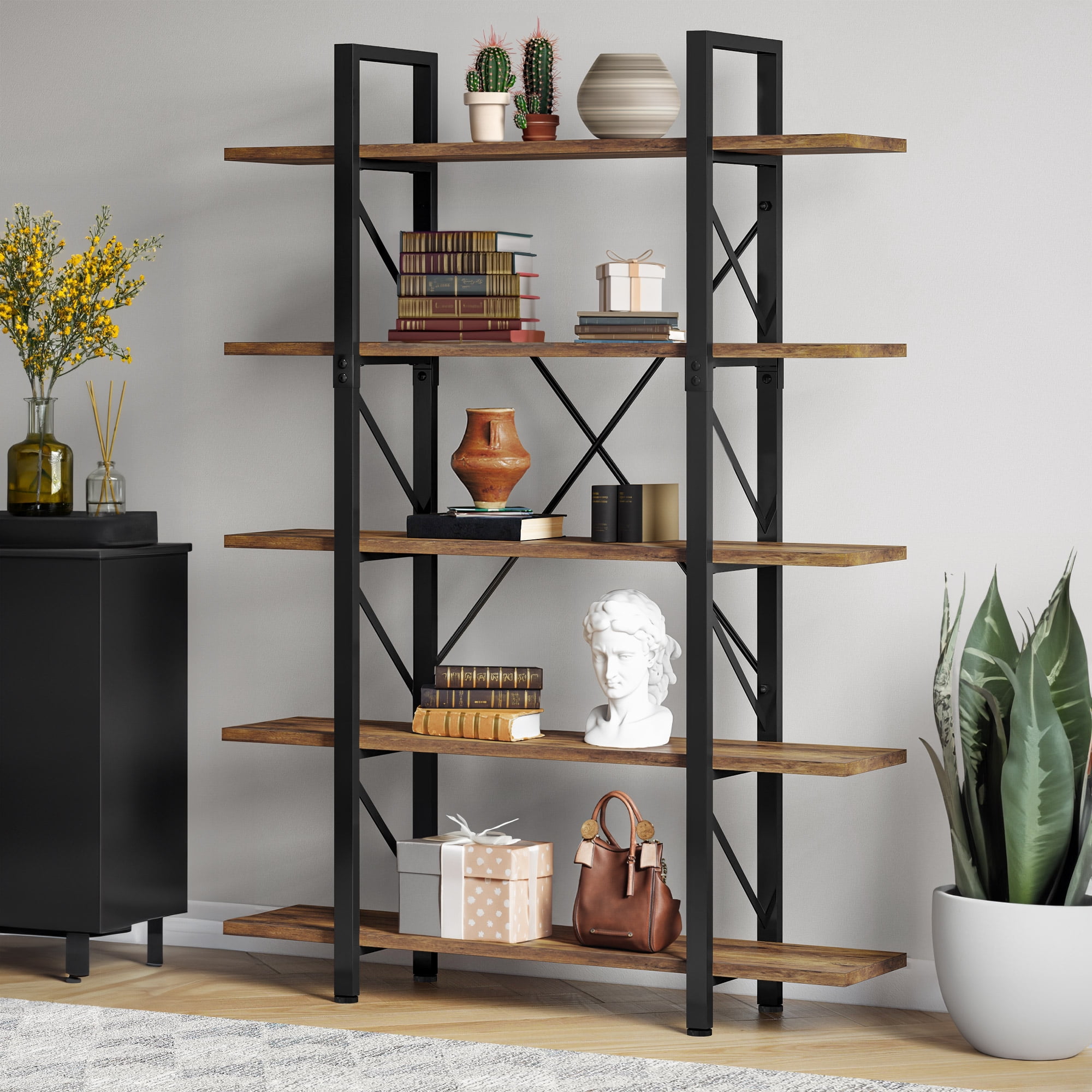 ModFusion 5 Tier Bookshelf Modern Bookcase Storage Display with Metal ...