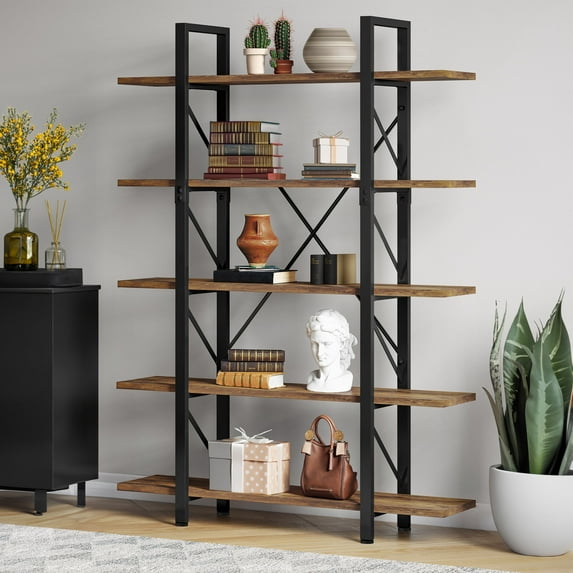 ModFusion 5 Tier Bookshelf Modern Bookcase Storage Display with Metal Frame for Home Office, Brown