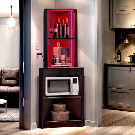 ModFusion 5-Tier Corner Bookcase with Led Light, Wooden Open Storage Cabinet Bookshelf Stand for Home, Office, Living Room, Black