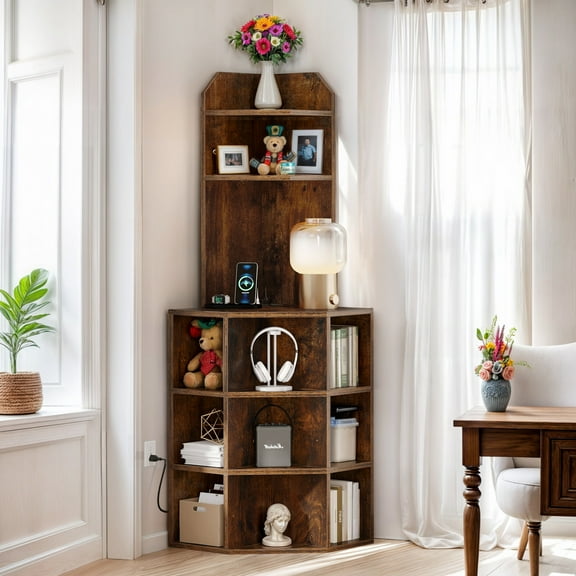 ModFusion 5-Tier Corner Shelf with USB Ports and Outlets, Bookshelf Bookcase Display Rack Storage Bar Cabinet for Living Room Home Office, Brown