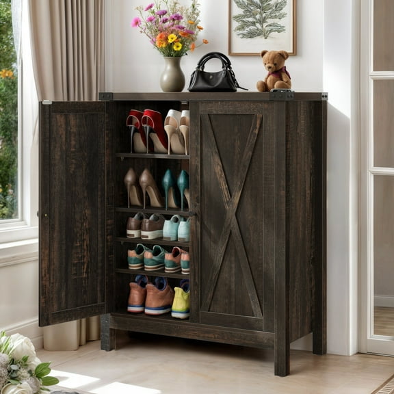 ModFusion 5 Tier Farmhouse Shoe Cabinet with Doors, Sneaker Rack Organizer for Entryway/Hallway/Closet, Dark Rustic Oak