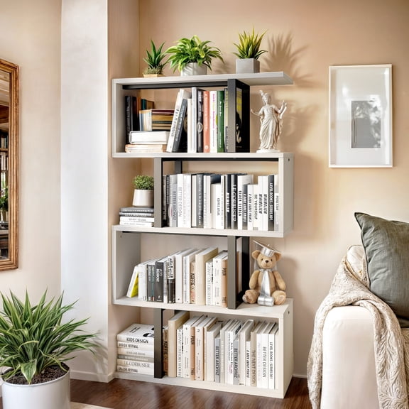 ModFusion 5-Tier S-Shaped Bookcase, Geometric Bookshelf Wooden Z-Shelf Modern Display Storage for Living Room, Home, Office, White