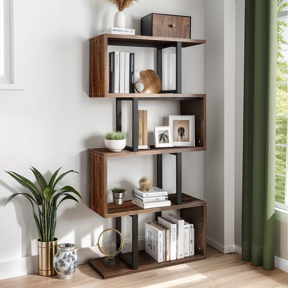ModFusion 5-Tier S-Shaped Bookcase, Geometric Boookshelf Wooden Z-Shelf Storage, Freestanding Display for Living Room Office Home, Retro Brown-