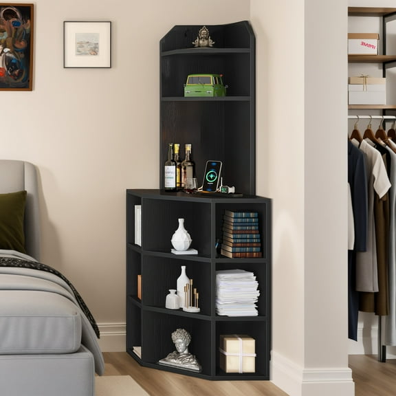 ModFusion 5-Tier Shelves Corner Bookcase with USB Ports and Outlets Industrial Bar for Living Room Office, Black