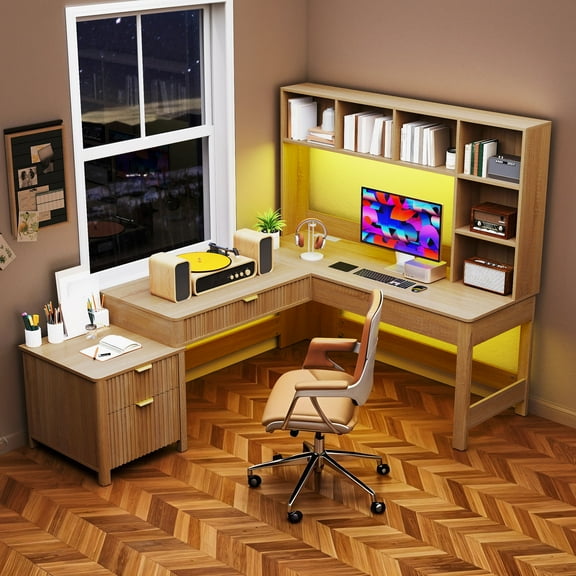 ModFusion 50 Inch L-Shaped Office Desk with File Cabinet, Computer Desk with Built-in Power Strip & LED Light, P2 MDF Particleboard, Light Oak Finish