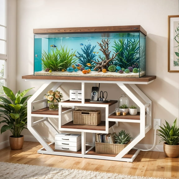 ModFusion 51.6” Sturdy Aquarium Stand, Metal Frame with Wooden Shelves, Supports 860 Lbs, White/Brown Finish