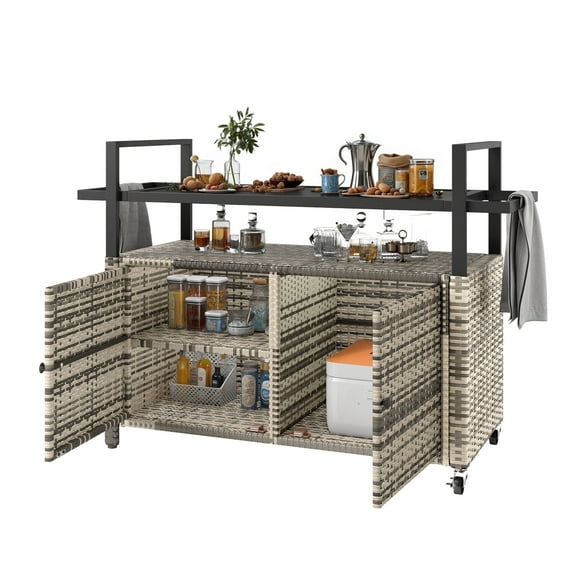 ModFusion 51" Outdoor Dining Cart Grey Gradient Vine, Black Tempered Glass Top, Iron Frame, PE Woven Accents Stylish Patio Serving Cart